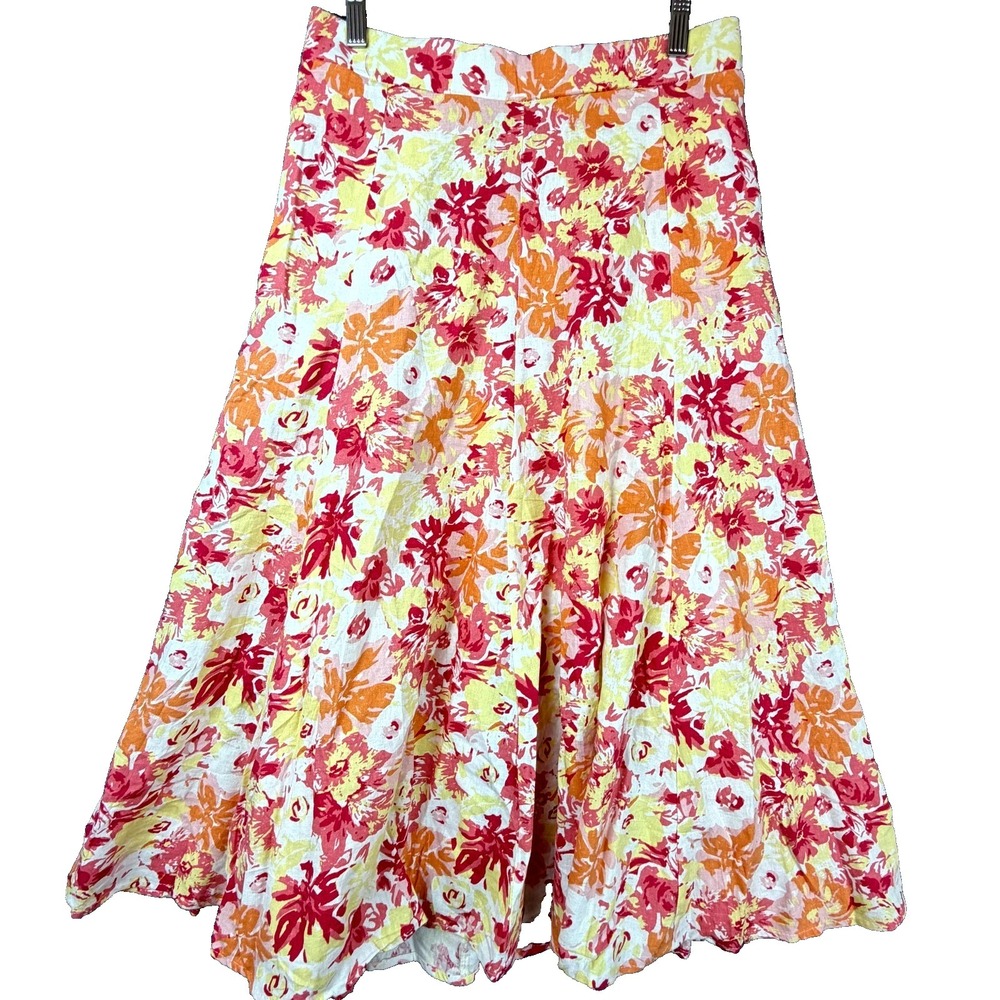 Woman Within Midi Skirt Womens 12 Petite Orange Floral Print Linen Boho Pockets‎